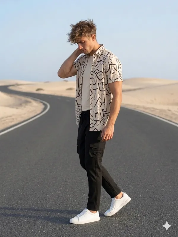 Combo_best_seller_combo_Cream_short_slevees_shirt_+_caargo_Black_caargo
