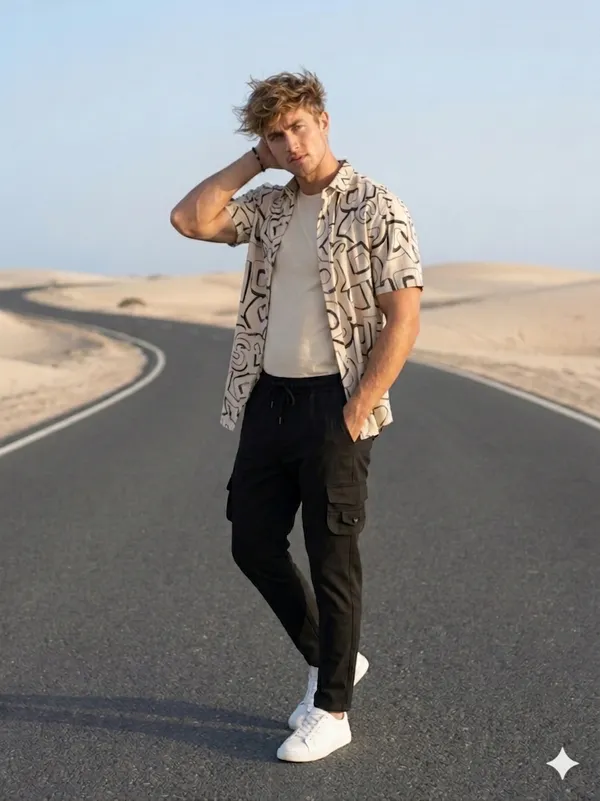 Combo_best_seller_combo_Cream_short_slevees_shirt_+_caargo_Black_caargo