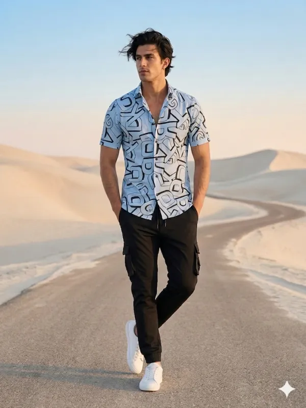 Combo_best_seller_combo_Sky_short_slevees_shirt_+_caargo_Black_caargo