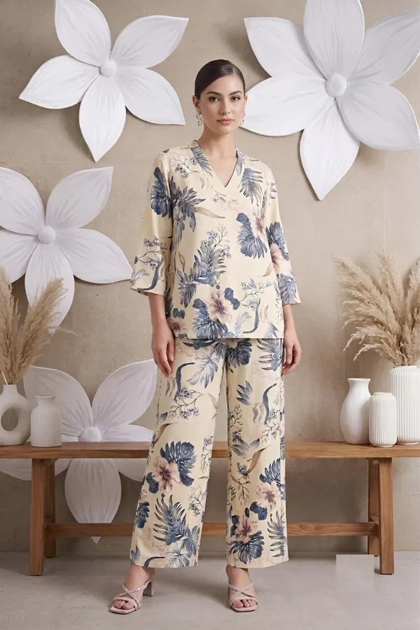 Cream_Blue_Cotton_Printed_3/4_Sleeves_Casual_corset_For_Women