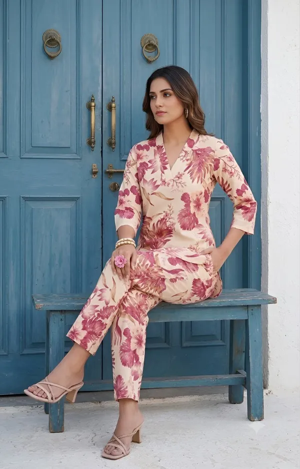 Cream_Pink_Cotton_Printed_3/4_Sleeves_Casual_corset_For_Women