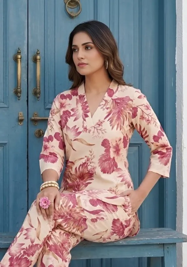 Cream_Pink_Cotton_Printed_3/4_Sleeves_Casual_corset_For_Women