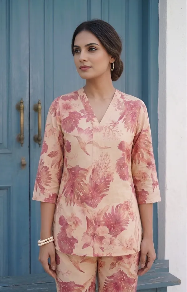 Cream_Pink_Cotton_Printed_3/4_Sleeves_Casual_corset_For_Women