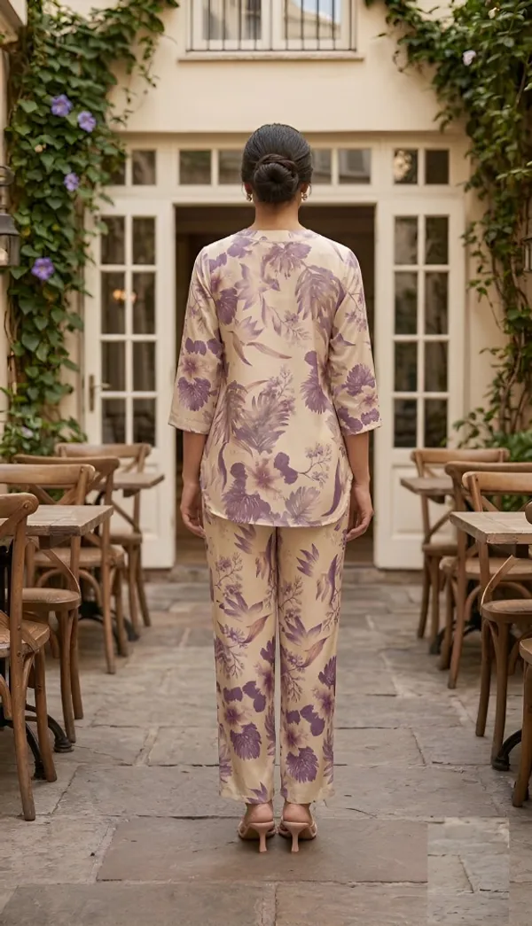 Cream_Purple_Cotton_Printed_3/4_Sleeves_Casual_corset_For_Women