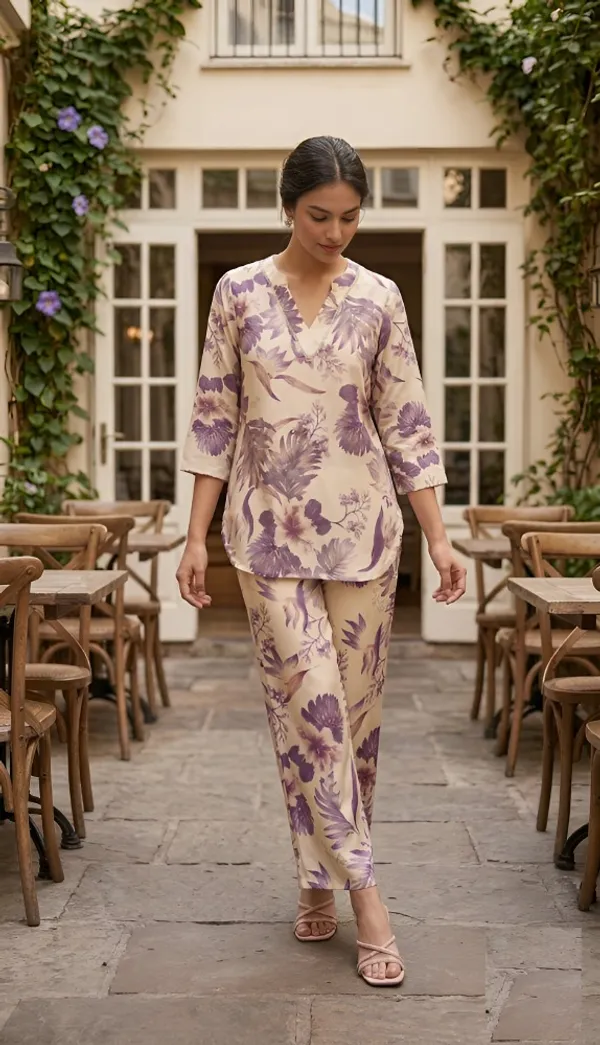 Cream_Purple_Cotton_Printed_3/4_Sleeves_Casual_corset_For_Women