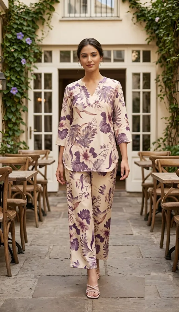 Cream_Purple_Cotton_Printed_3/4_Sleeves_Casual_corset_For_Women