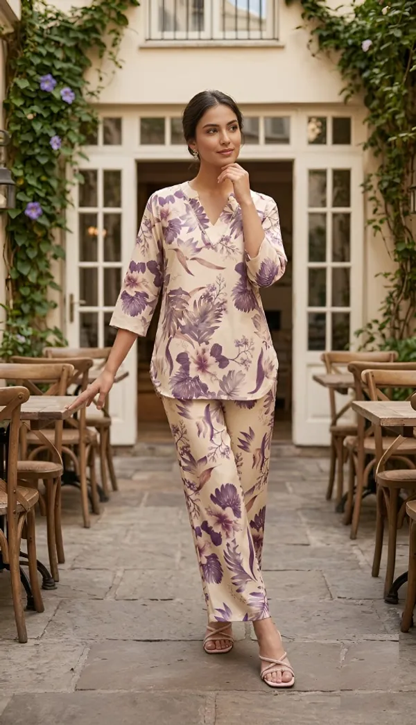 Cream_Purple_Cotton_Printed_3/4_Sleeves_Casual_corset_For_Women