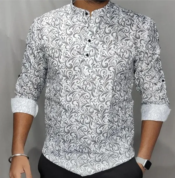Grey_Cotton_Printed_Long_Sleeves_Casual_Kurta_Style_Shirt_For_Men