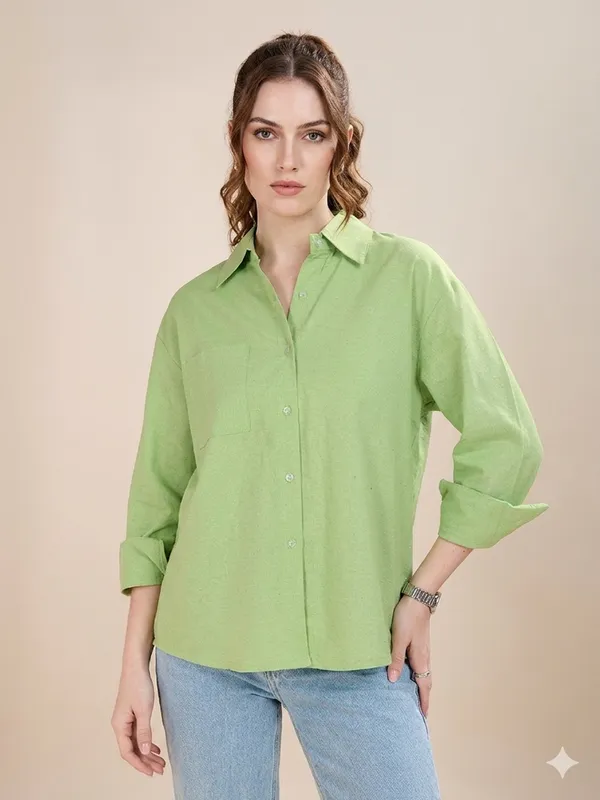 Green_Cotton_Plain_Full_sleeve_Casual_Shirt_For_Women