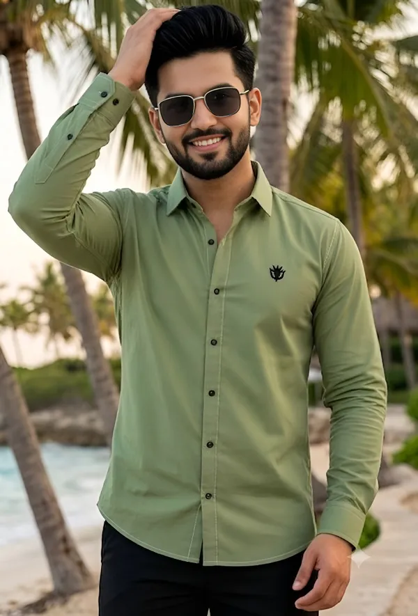 Green_Cotton_Plain_Long_Sleeves_Casual_Shirt_For_Men