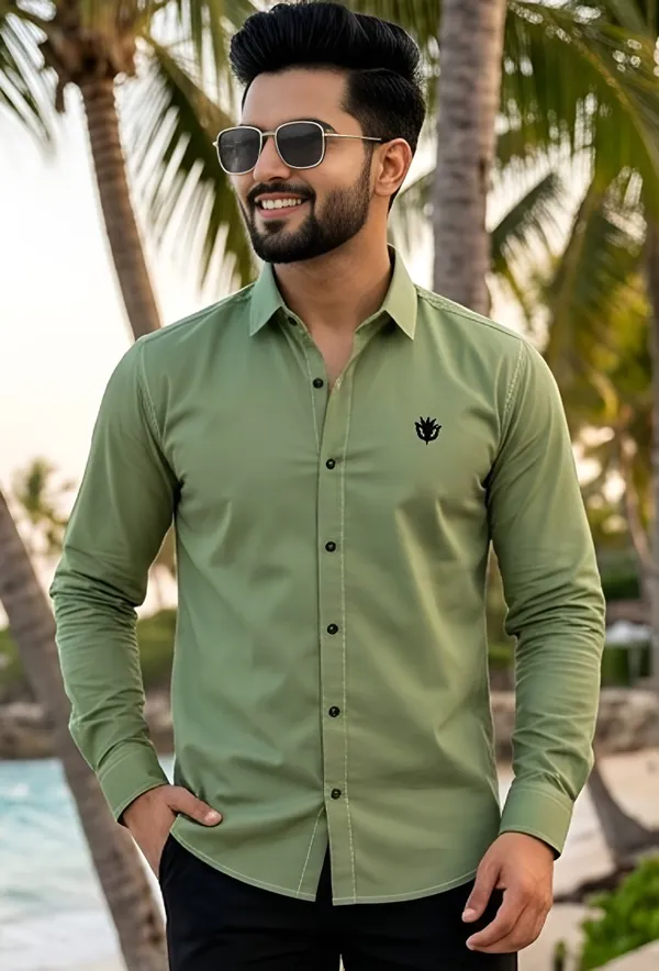 Green_Cotton_Plain_Long_Sleeves_Casual_Shirt_For_Men