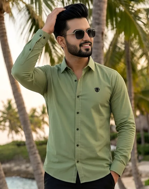 Green_Cotton_Plain_Long_Sleeves_Casual_Shirt_For_Men