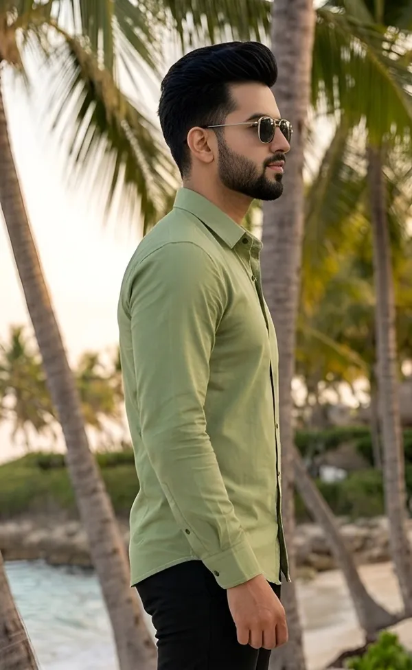 Green_Cotton_Plain_Long_Sleeves_Casual_Shirt_For_Men