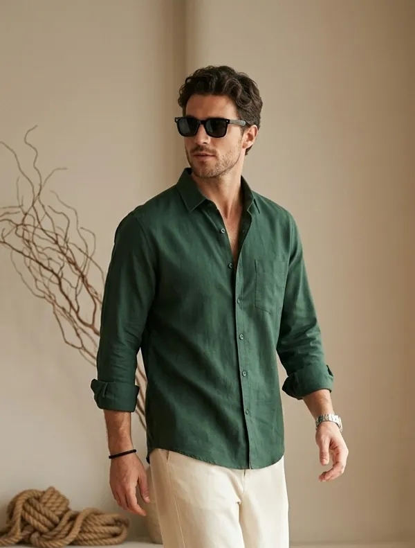 Green_Cotton_Solid_Full_Sleeves_Casual_Shirt_For_Men