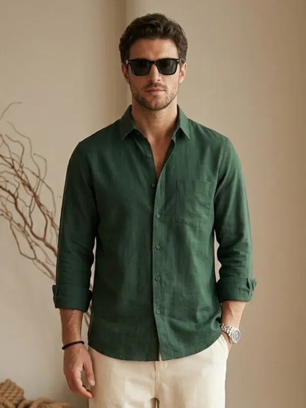 Green_Cotton_Solid_Full_Sleeves_Casual_Shirt_For_Men