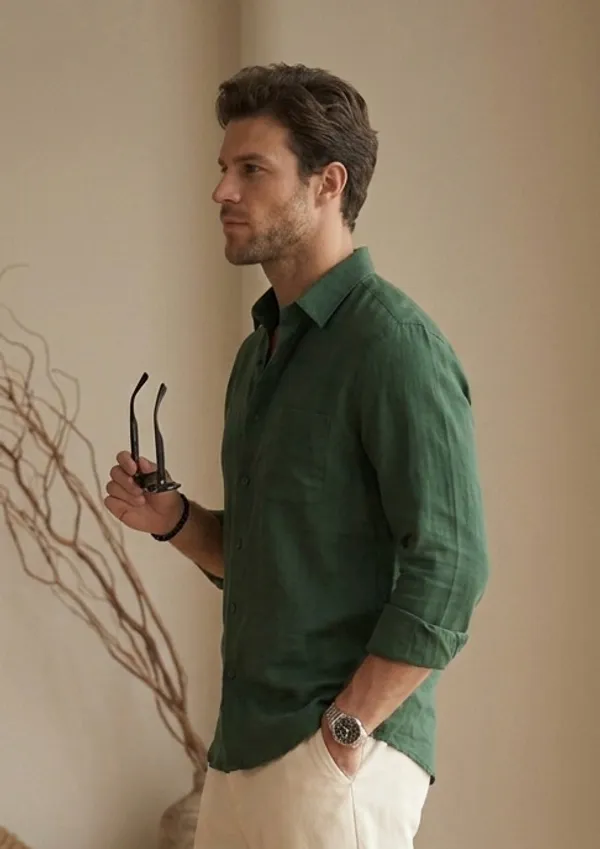 Green_Cotton_Solid_Full_Sleeves_Casual_Shirt_For_Men