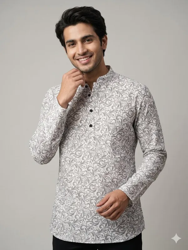 Grey_Cotton_Printed_Long_Sleeves_Casual_Kurta_Style_Shirt_For_Men