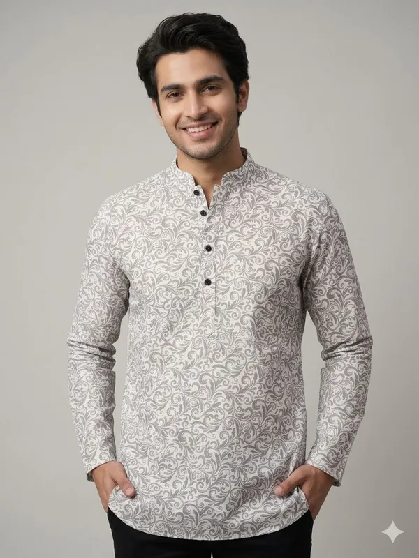 Grey_Cotton_Printed_Long_Sleeves_Casual_Kurta_Style_Shirt_For_Men