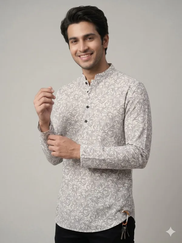 Grey_Cotton_Printed_Long_Sleeves_Casual_Kurta_Style_Shirt_For_Men