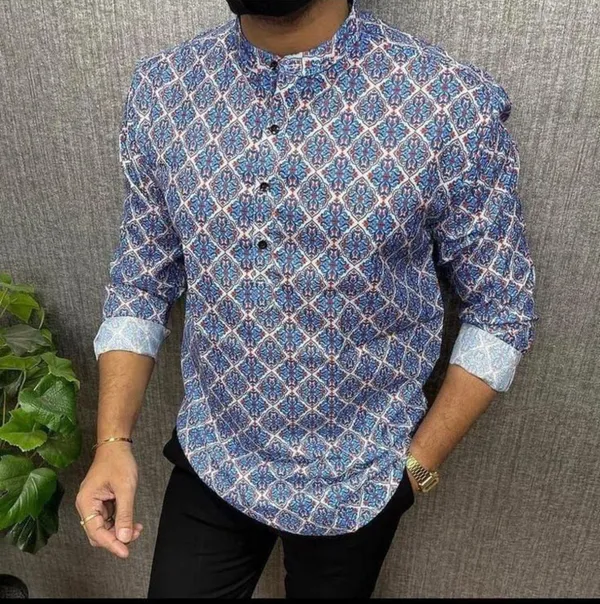 Blue_Cotton_Printed_Long_Sleeves_Casual_Kurta_Style_Shirt_For_Men