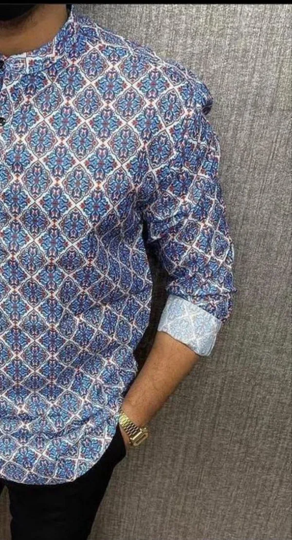 Blue_Cotton_Printed_Long_Sleeves_Casual_Kurta_Style_Shirt_For_Men