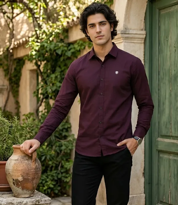 Maroon_Cotton_Plain_Long_Sleeves_Casual_Shirt_For_Men