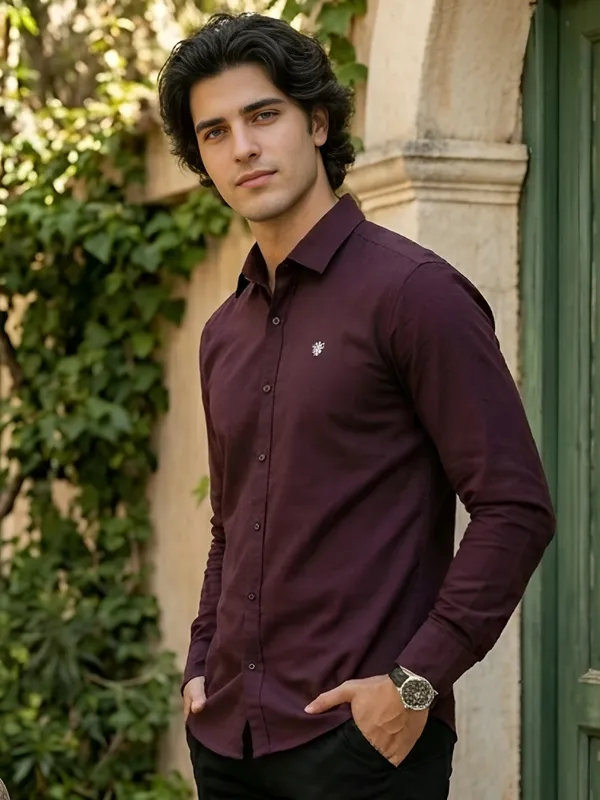 Maroon_Cotton_Plain_Long_Sleeves_Casual_Shirt_For_Men