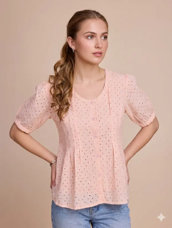 Peach_Schiffli__Short_puff_sleeve_Casual_Top_For_Women