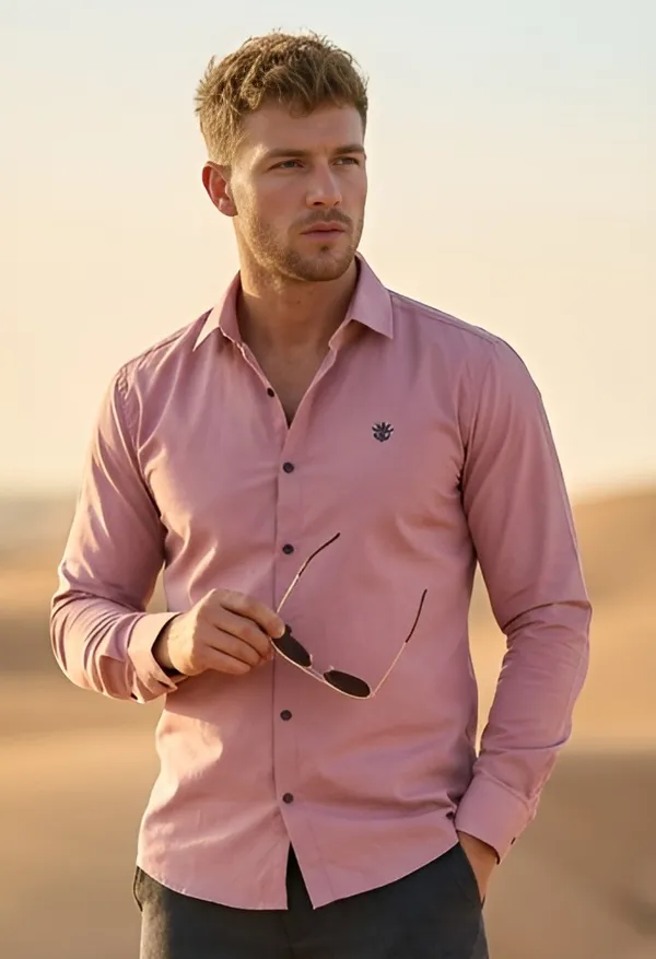 Pink_Cotton_Plain_Long_Sleeves_Casual_Shirt_For_Men