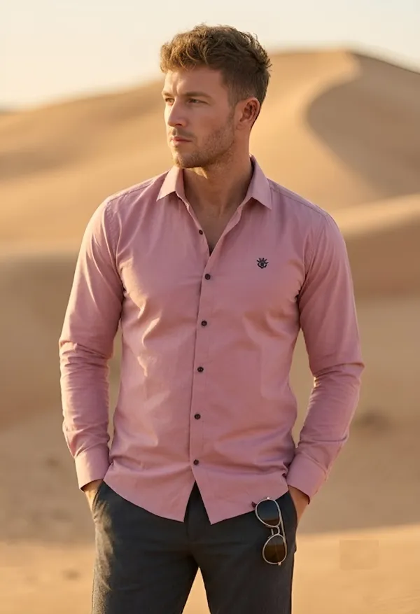 Pink_Cotton_Plain_Long_Sleeves_Casual_Shirt_For_Men