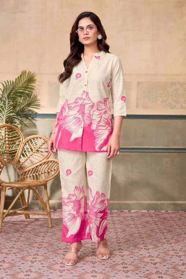 Pink_Linen_Printed_3/4_Sleeves_Casual_Co-ord_Set_For_Women