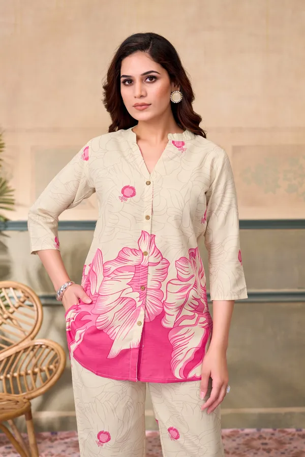 Pink_Linen_Printed_3/4_Sleeves_Casual_Co-ord_Set_For_Women