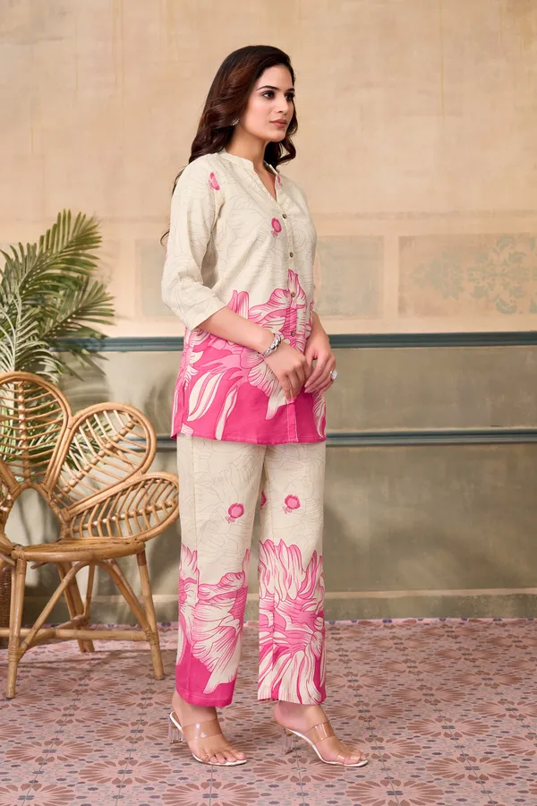Pink_Linen_Printed_3/4_Sleeves_Casual_Co-ord_Set_For_Women