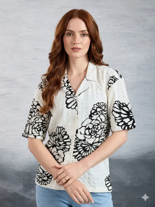 White_Black_Polyster_Printed_3/4_Sleeves_Casual_Shirt_For_Women
