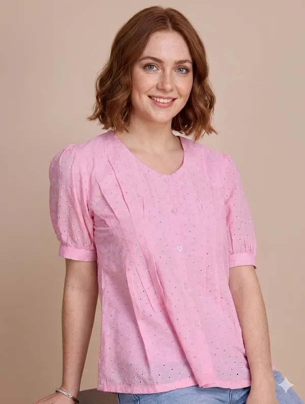 Pink_Schiffli__Short_puff_sleeve_Casual_Top_For_Women