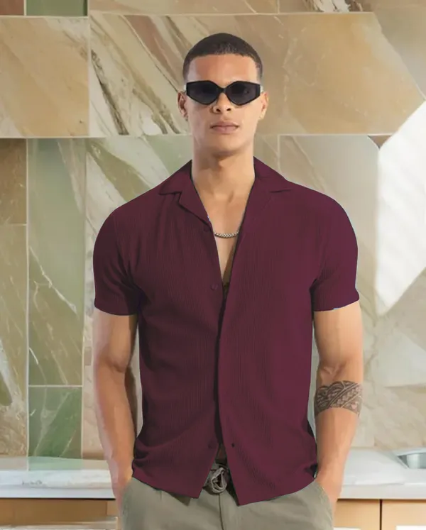 Maroon_Cotton_Self-Design_Short_Sleeves_Casual_Shirt_For_Men