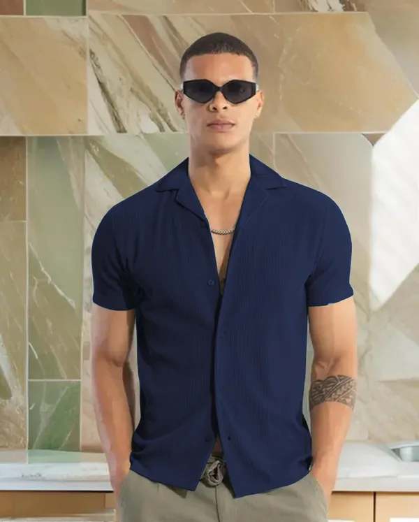 Navy_Blue_Cotton_Self-Design_Short_Sleeves_Casual_Shirt_For_Men