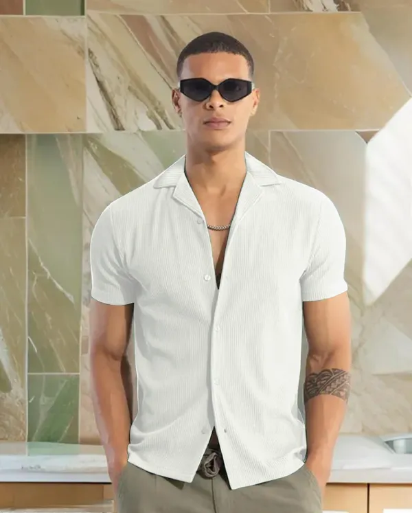 White_Cotton_Self-Design_Short_Sleeves_Casual_Shirt_For_Men