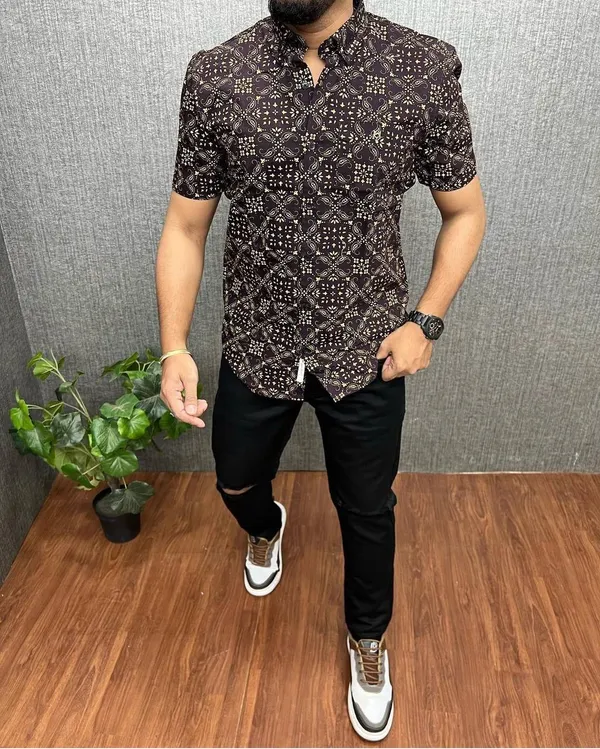 Brown_Cotton_Printed_Short_Sleeves_Casual_Shirt_For_Men