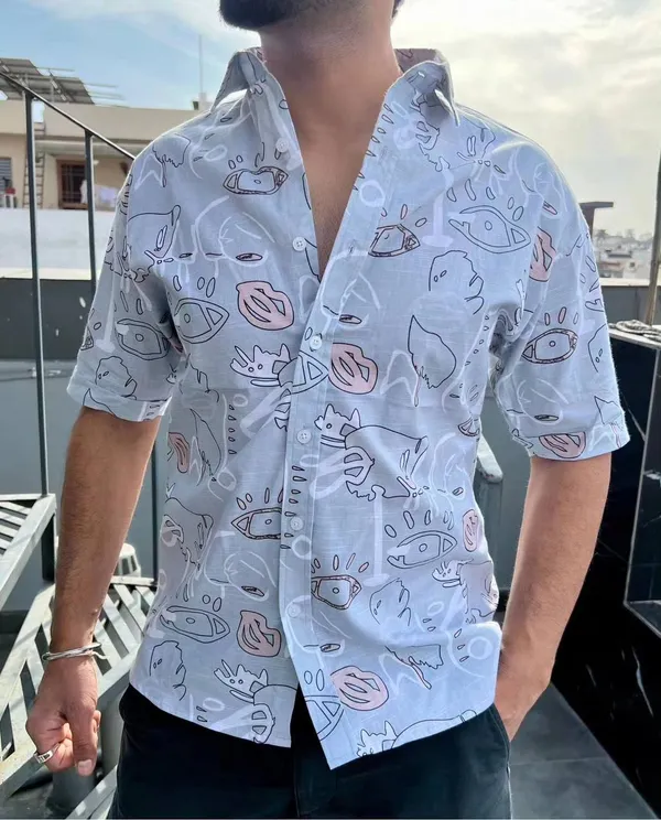 Sky_Blue_Cotton_Printed_Short_Sleeves_Casual_Shirt_For_Men
