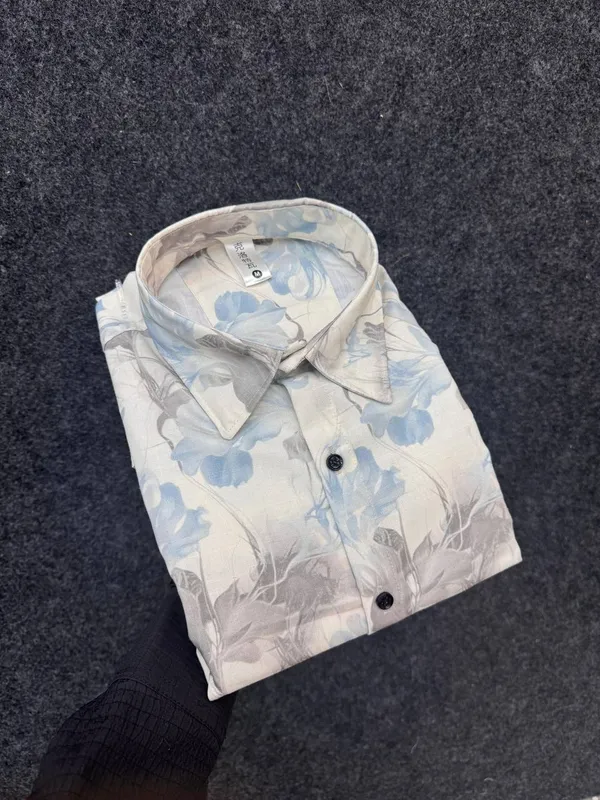 Cream__Cotton_Printed_Short_Sleeves_Casual_Shirt_For_Men
