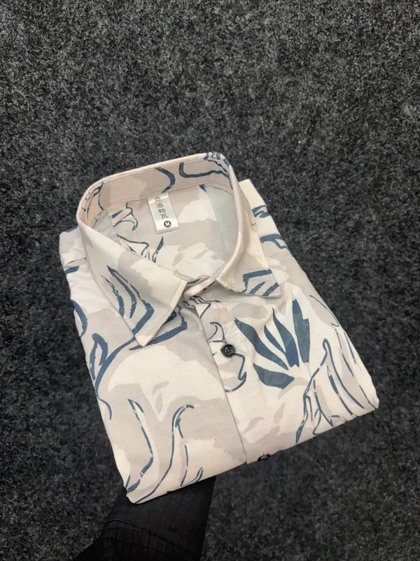 Cream_Cotton_Printed_Short_Sleeves_Casual_Shirt_For_Men