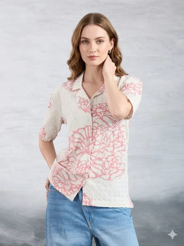 White_Peach_Polyster_Printed_3/4_Sleeves_Casual_Shirt_For_Women