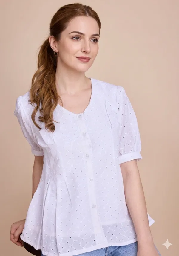 White_Schiffli__Short_puff_sleeve_Casual_Top_For_Women