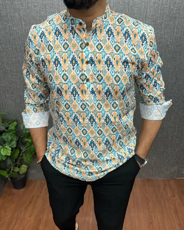 Blue_Cotton_Printed_Long_Sleeves_Casual_Kurta_Style_Shirt_For_Men