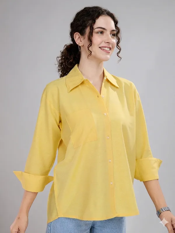 Yellow_Cotton_Plain_Full_sleeve_Casual_Shirt_For_Women