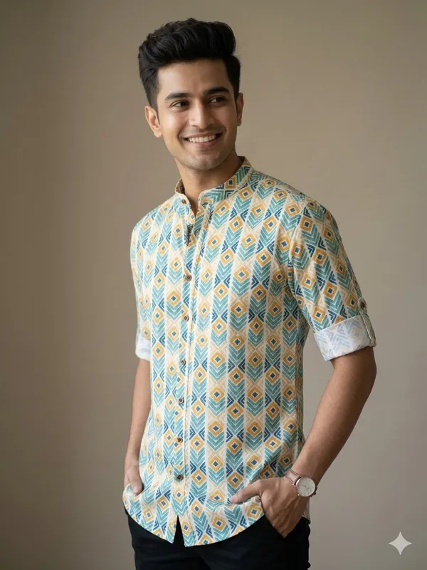 Yellow_Cotton_Printed_Long_Sleeves_Casual_Kurta_Style_Shirt_For_Men