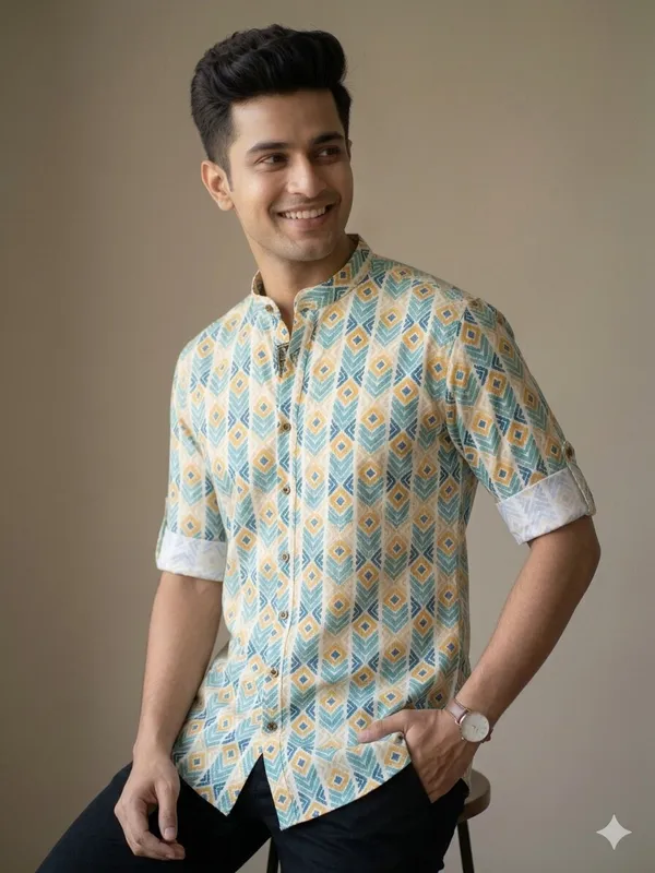 Yellow_Cotton_Printed_Long_Sleeves_Casual_Kurta_Style_Shirt_For_Men
