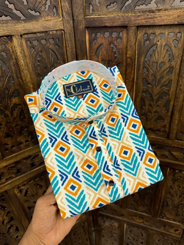 Yellow_Cotton_Printed_Long_Sleeves_Casual_Kurta_Style_Shirt_For_Men
