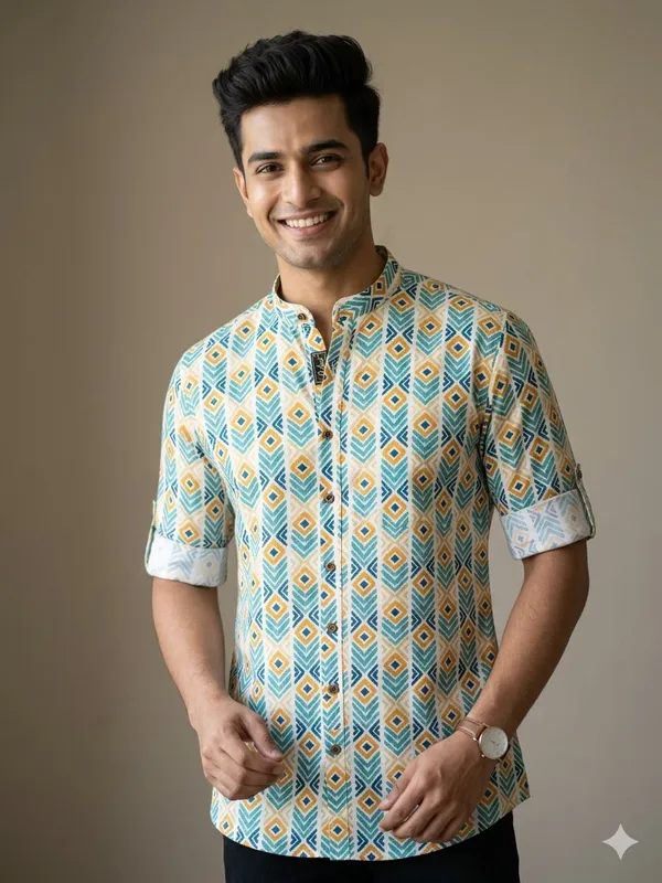 Yellow_Cotton_Printed_Long_Sleeves_Casual_Kurta_Style_Shirt_For_Men